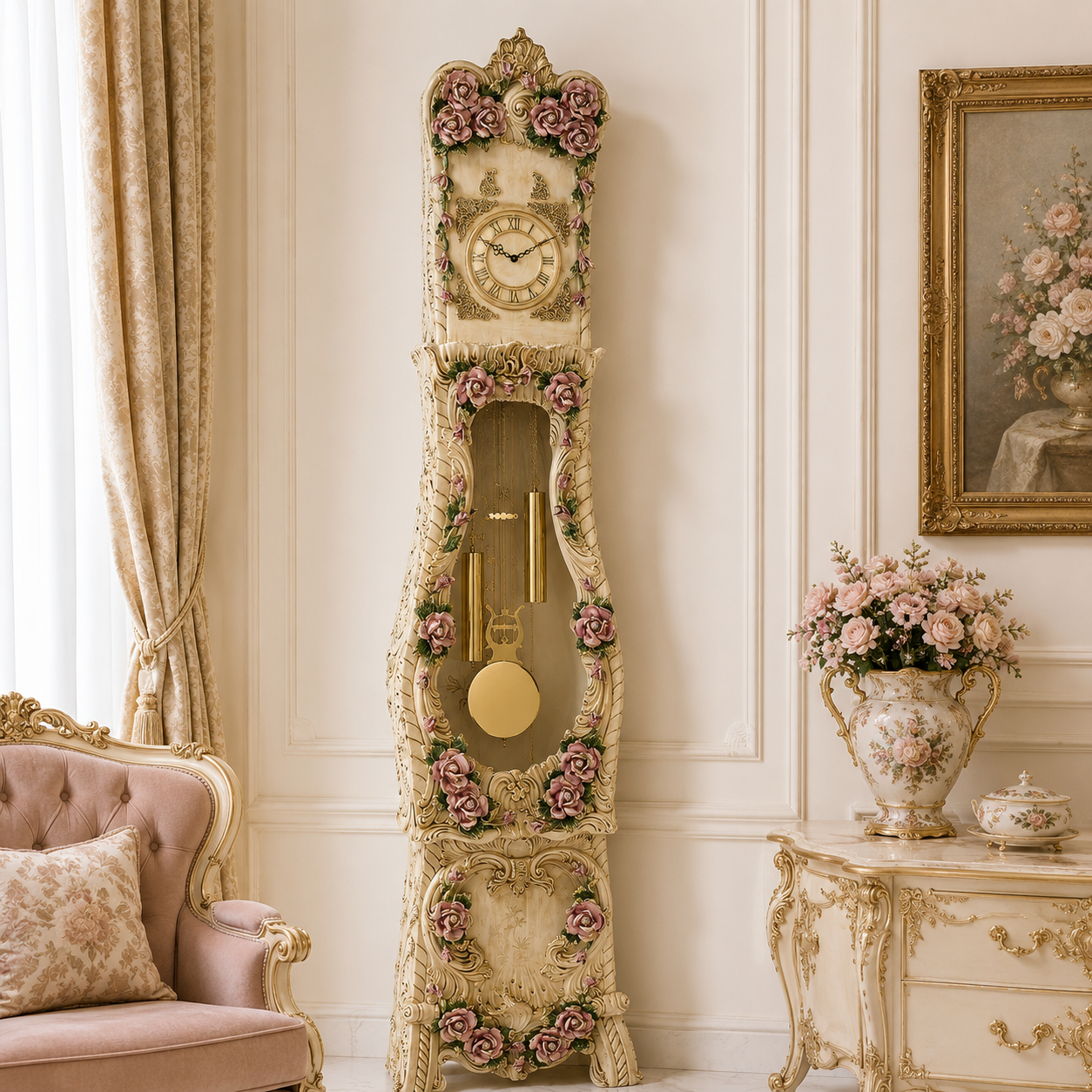 Horloge comtoise 230cm rococo baroque en céramique Capodimonte et roses Swarovski