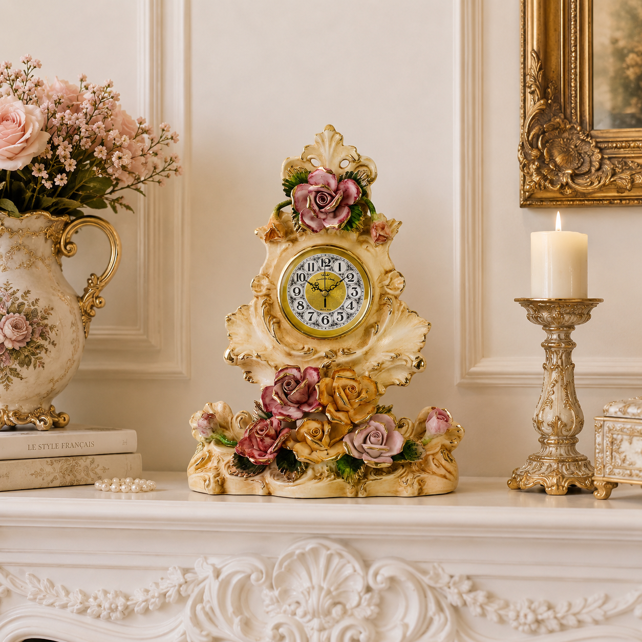 Horloge de cheminée en céramique Capodimonte aux roses style rococo