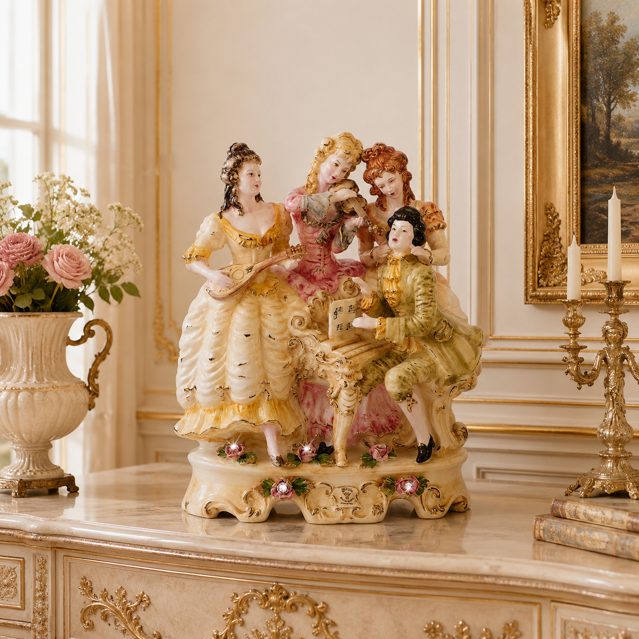 Sculpture de musiciens en céramique Capodimonte style XVIIIe siècle