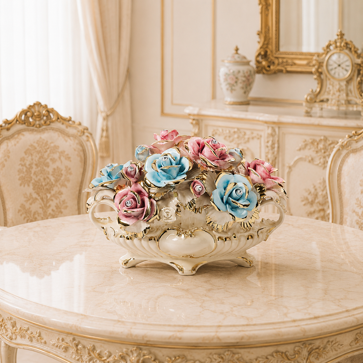 Centre de table style XVIIIe en céramique Capodimonte - Les roses célestes de Versailles