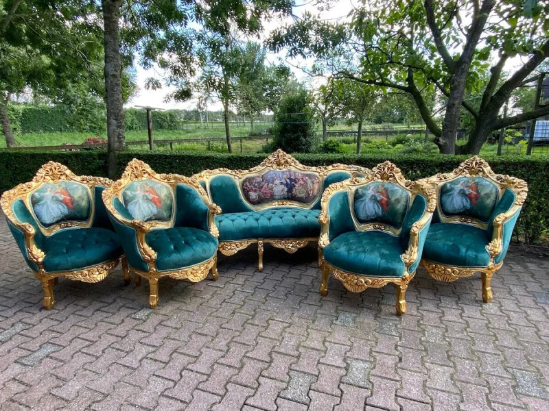 Canapé baroque Louis XVI + 4 chaises en velours vert