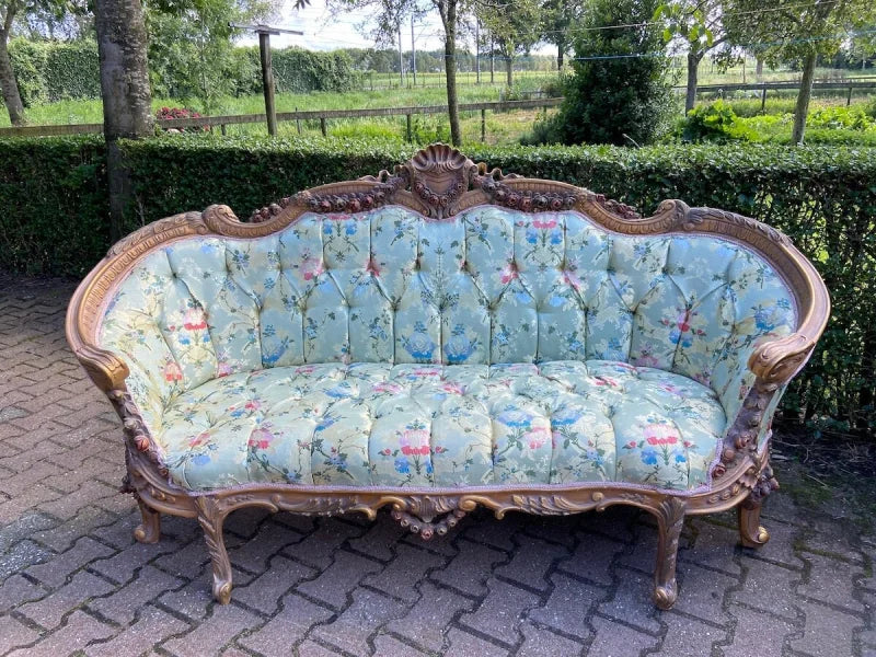Canapé Corbeille Louis XVI Baroque en Hêtre et Damas Pistache