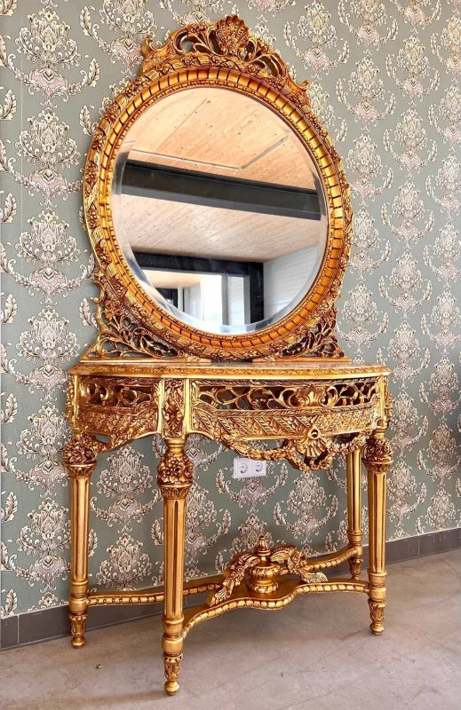 Coiffeuse baroque miroir rond et marbre rougeâtre d’Espagne