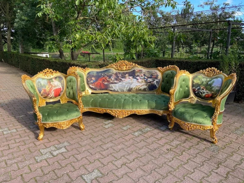 Ensemble de Canapé Trône Louis XVI Baroque en Velours Vert - 3 Pièces