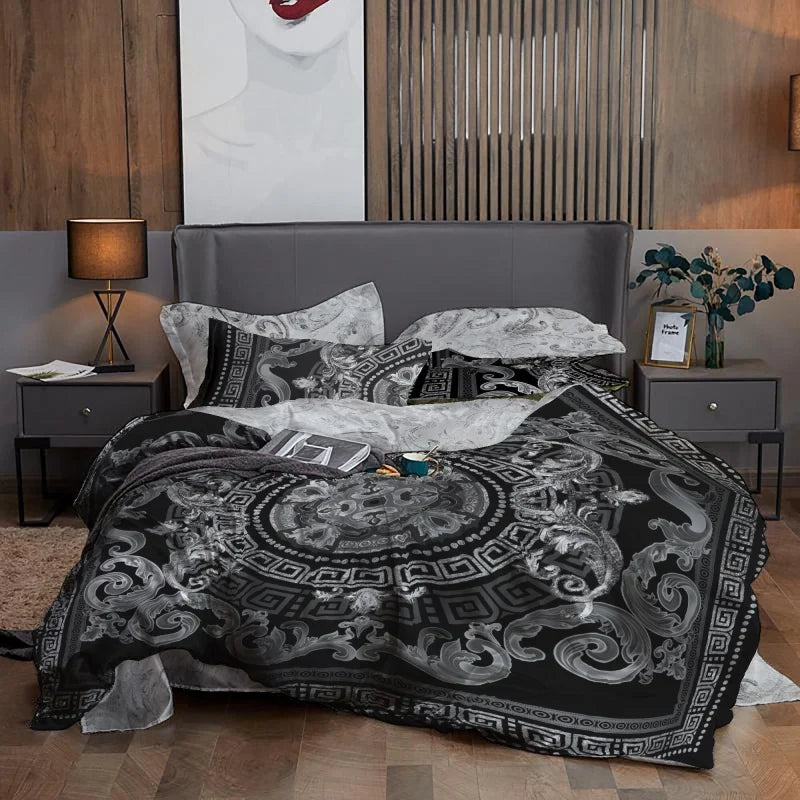 Ensemble de literie baroque noir/argent - Design réversible - Coton - 135x200 cm / 100% coton