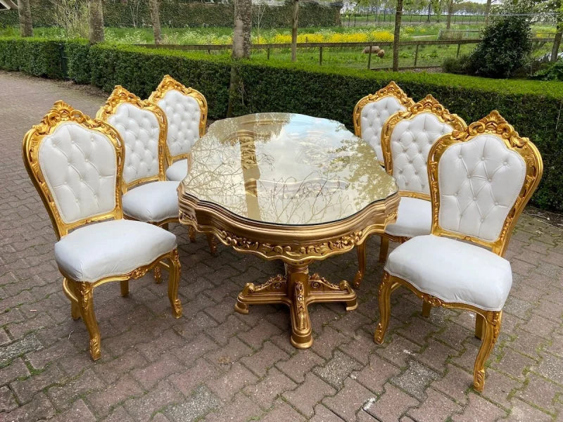 Ensemble de salle à manger baroque blanc et or - 7 pièces