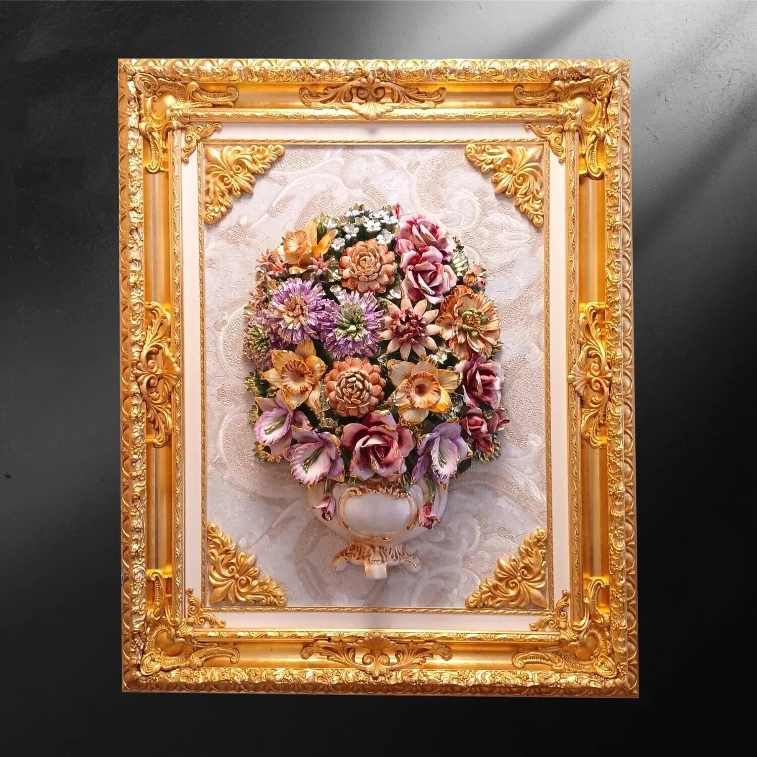 Grand tableau rococo baroque en céramique de Capodimonte – Le jardin des fleurs impériales - Tableau rococo baroque - tableau rectangulaire vertical style XVIIIe