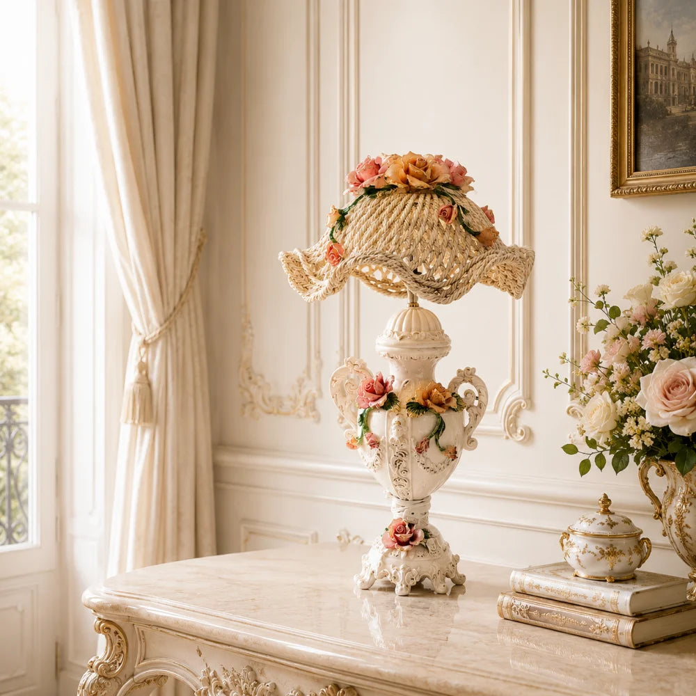 lampe-de-salon-baroque-et-interieur-chic-style-marie-antoinette / lampe pour appartement parisien avec abat-jour tressee en ceramique capodimonte / lampe design italien