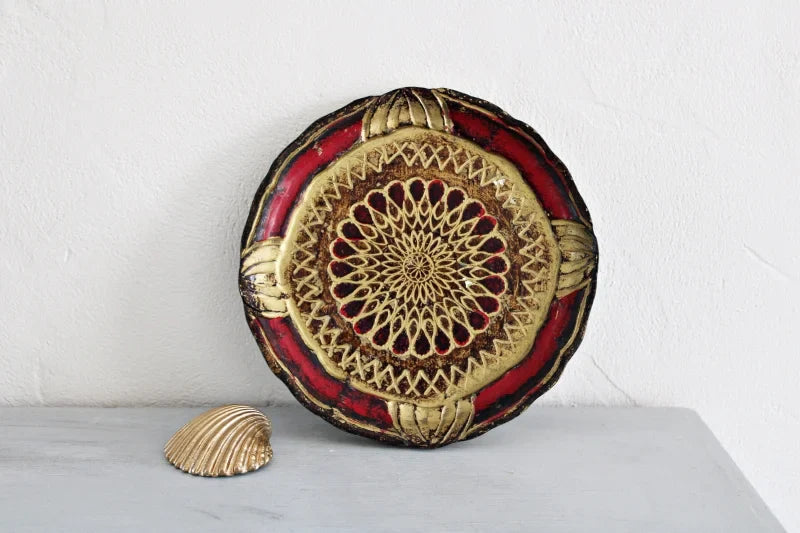 Plateau florentin vintage rond coloris rouge et or