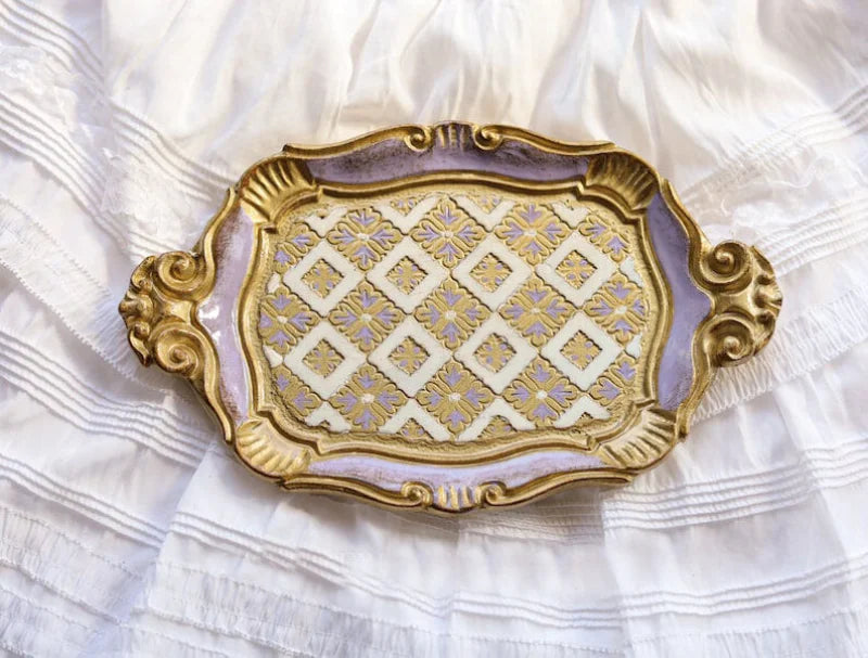 Plateau rococo italien bois blanc et or - lilas