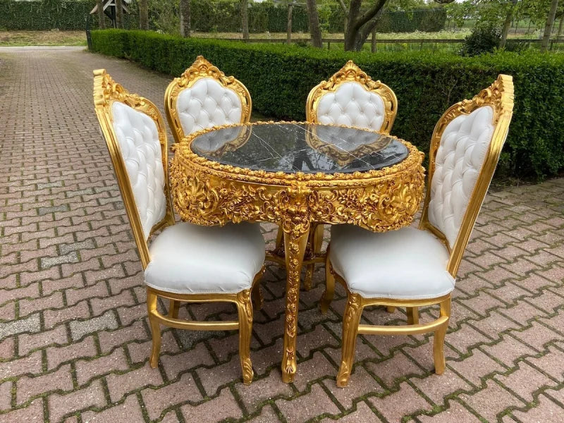 Salle à manger baroque 5 pièces blanc - 1 table ronde marbre noir + 4 chaises finition or