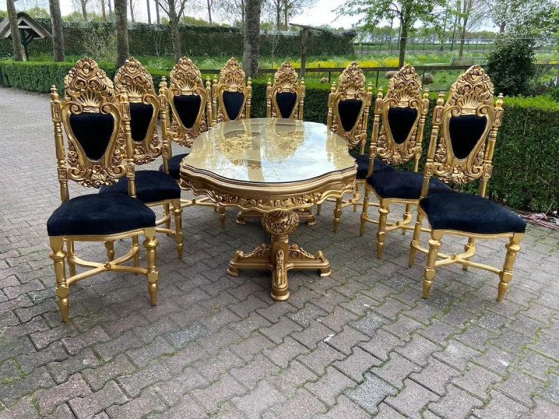 Salle à manger baroque en velours noir et finition dorée 14k - 9 pièces