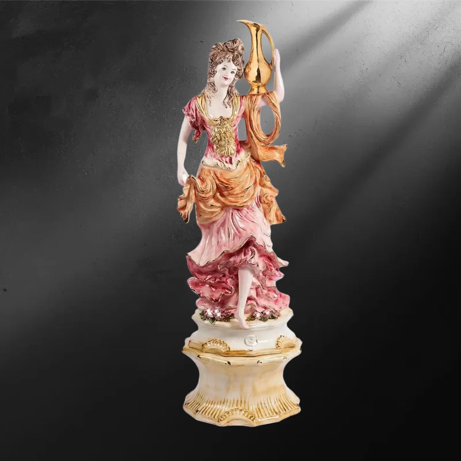 Statue porcelaine Capodimonte 140cm - femme à l’amphore dorée style rococo - Statue porcelaine Capodimonte femme