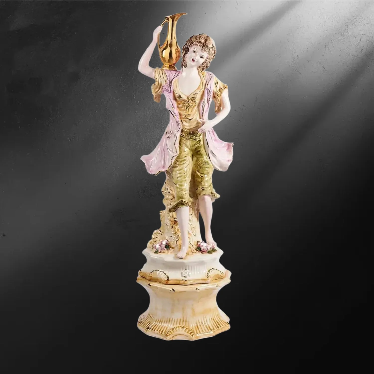Statue porcelaine Capodimonte 140cm - homme à l’amphore dorée style rococo - Statue Capodimonte homme amphore rococo