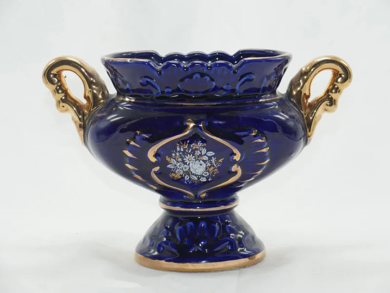 Vase baroque plaqué or bleu cobalt Italie