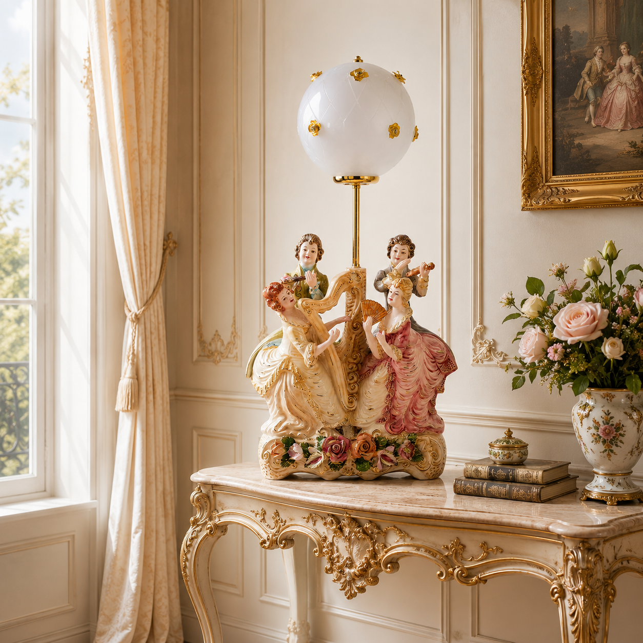 Lampe rococo baroque globe opalin en céramique Capodimonte  – Le concert des muses
