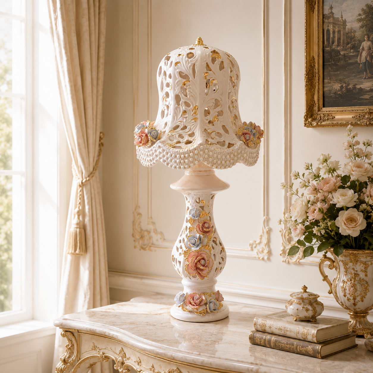 Lampe rococo baroque abat-jour cloche en céramique Capodimonte – Dentelle florale princière