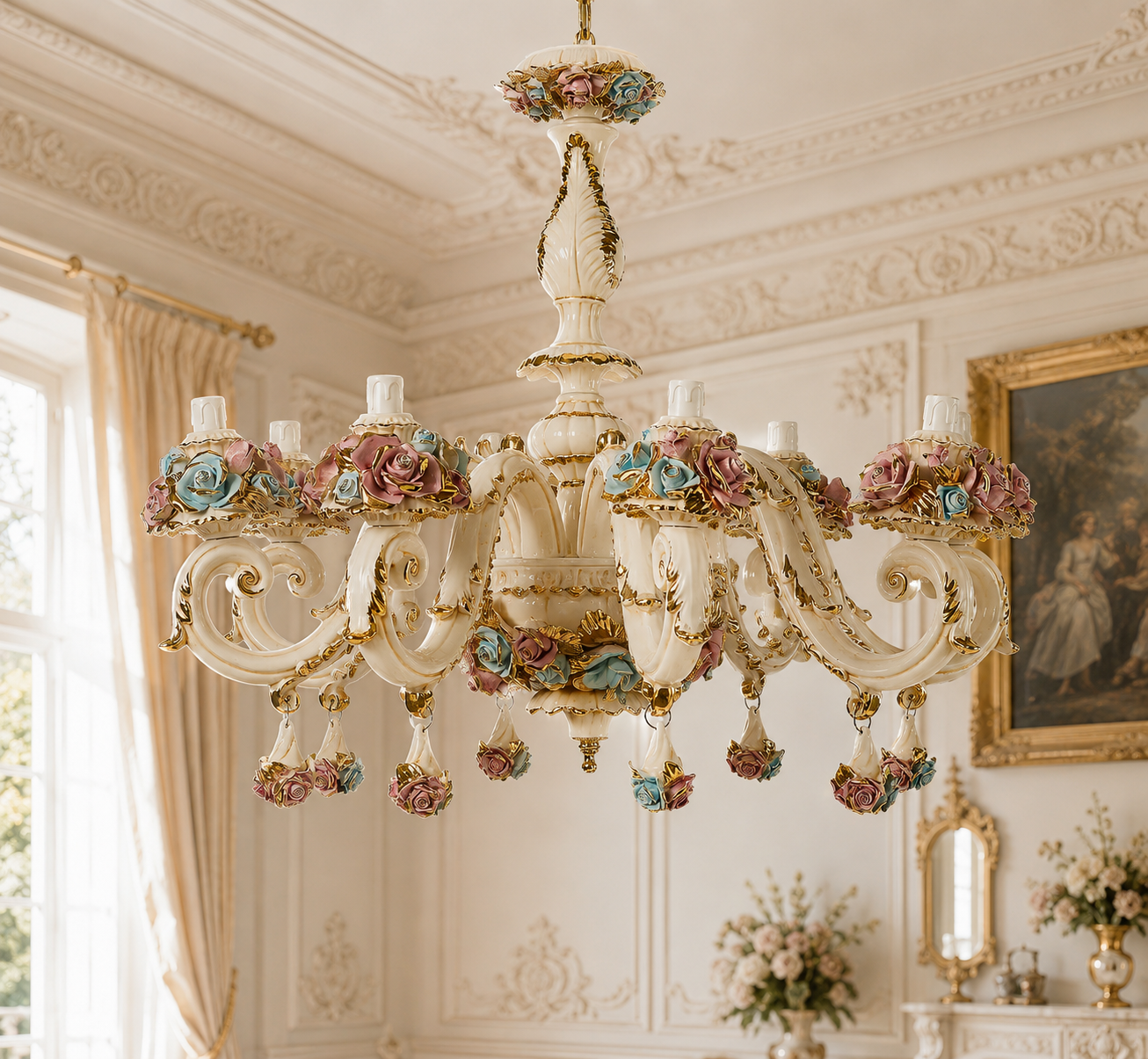 Lustre rococo baroque à pampilles en céramique Capodimonte – Cascade florale Swarovski