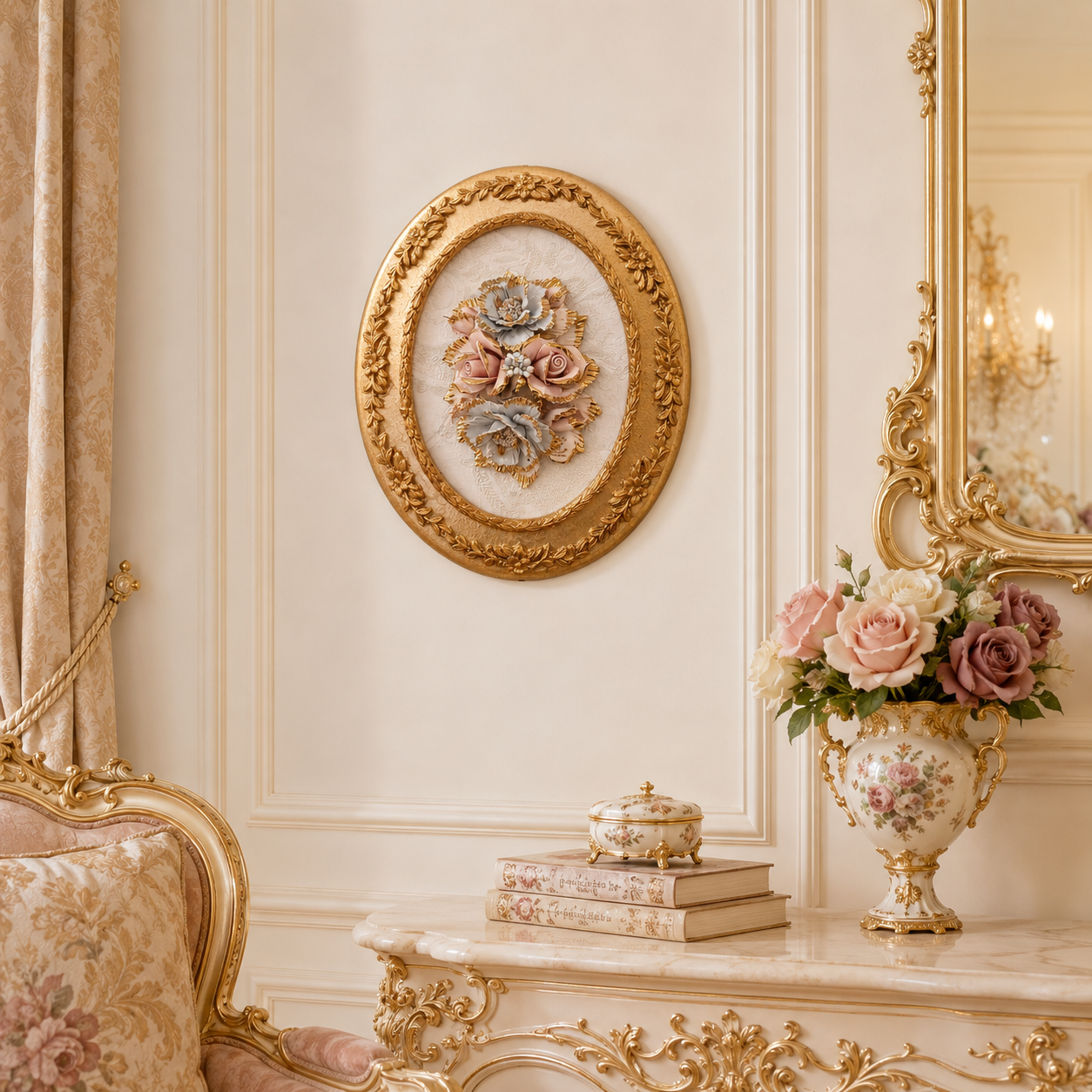 Tableau ovale rococo baroque en céramique Capodimonte – L'éveil des roses impériales