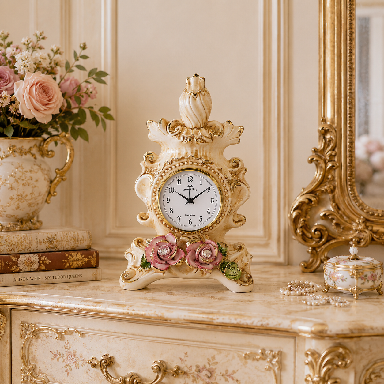 Horloge de table en céramique Capodimonte aux roses Swarovski style XVIIIe