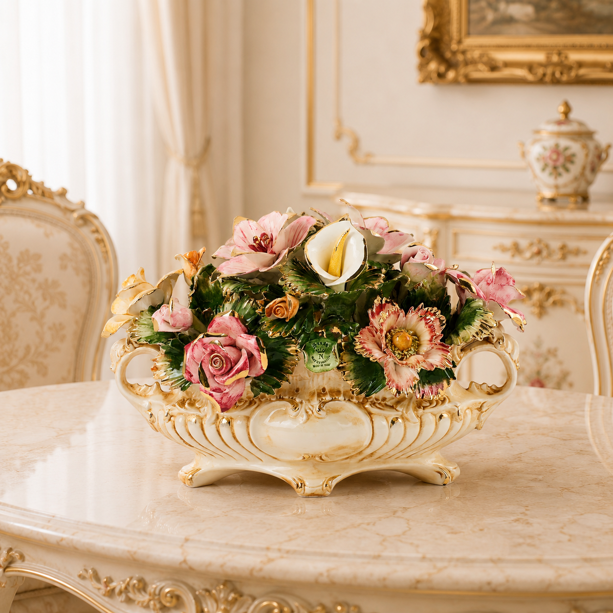 Centre de table style Louis XV en céramique Capodimonte - Le jardin du Petit Trianon