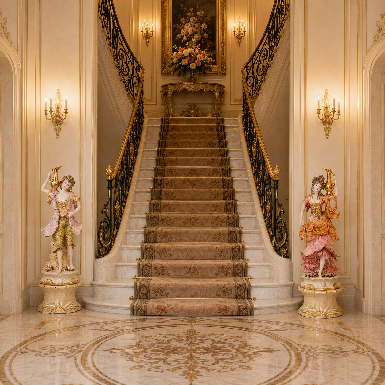 Statue rococo baroque masculine en céramique Capodimonte 140cm - Homme à l’amphore dorée