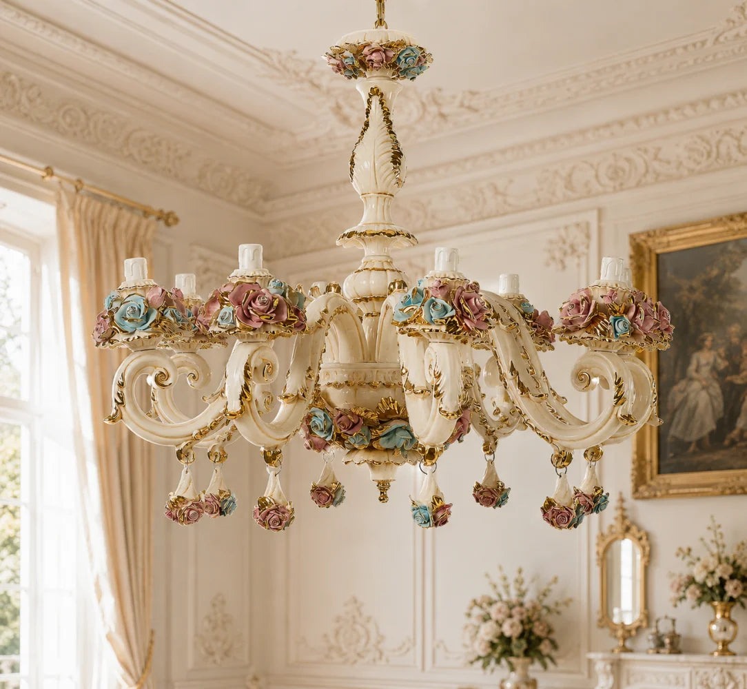 Lustre-pour-salon-baroque-et-interieur-style-XVIIIe / luminaire style louis XV pour decoration chic /  lustre 8 branches design luxe italien