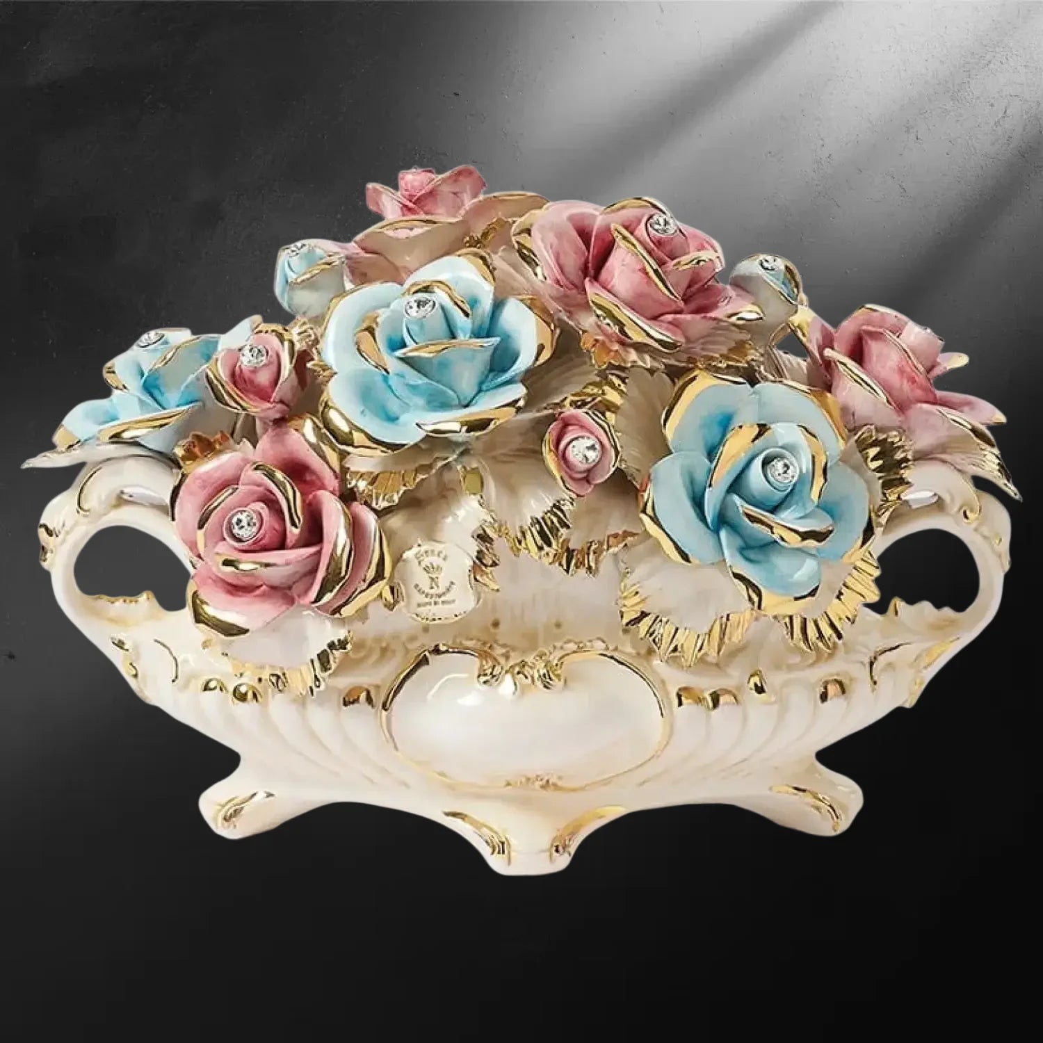 Centre de table céramique de Capodimonte style rococo baroque - roses bicolores dorure 24k - Centre de table rococo