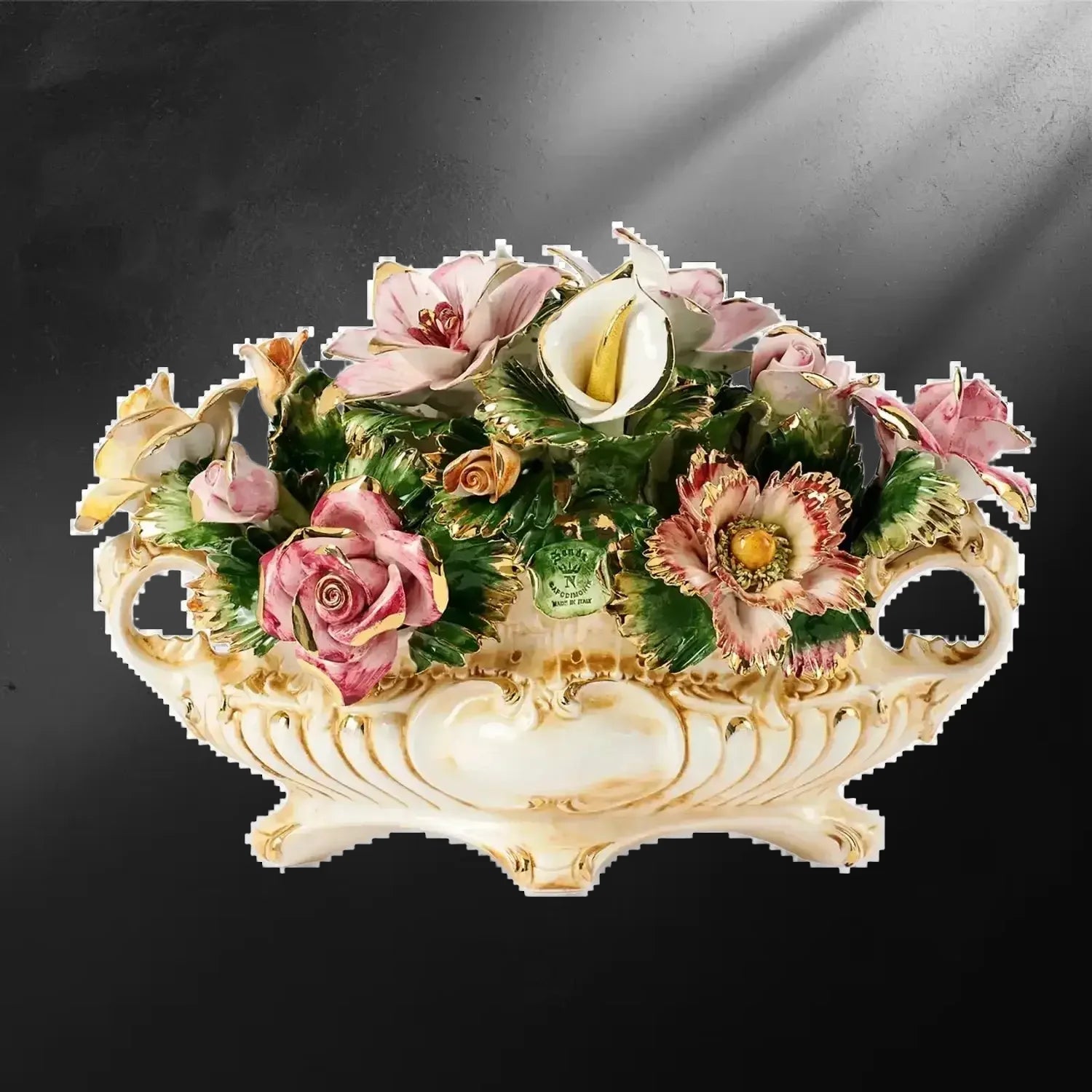 Centre de table porcelaine Capodimonte style rococo baroque - fleurs de lys et roses - Centre de table Capodimonte