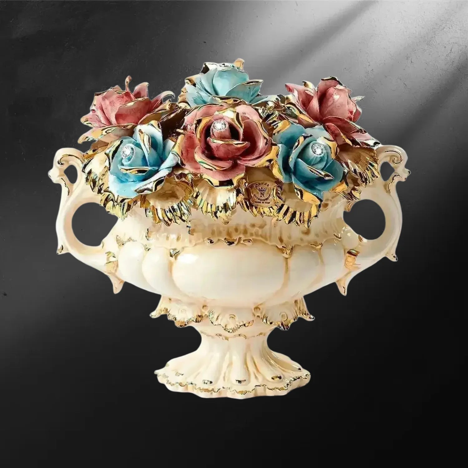 Centre de table sur pied porcelaine Capodimonte - roses bicolores or 24k style XVIIIe - Centre de table Capodimonte