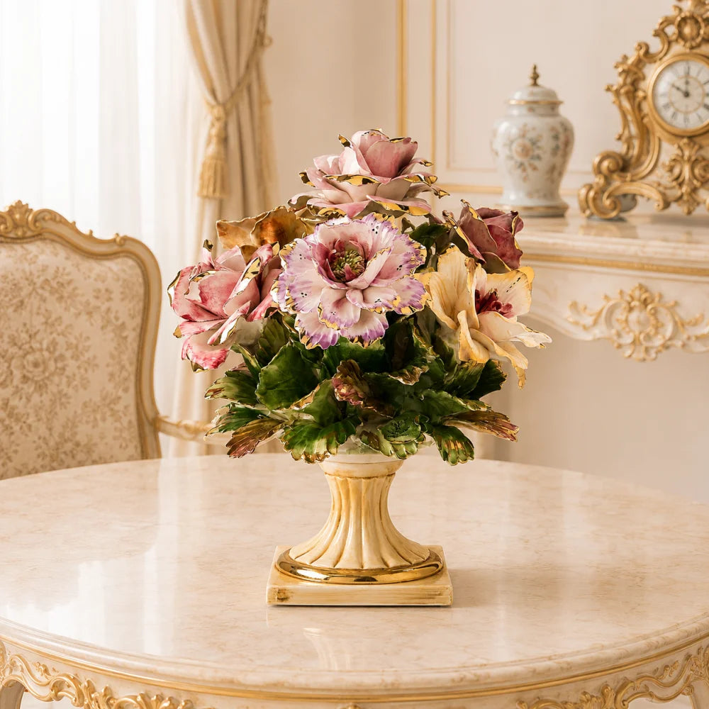 centre-de-table-sureleve-pour-interieur-rococo-baroque-style-marie-antoinette / centre de table roses et lys pour interieur de luxe style XVIIIe