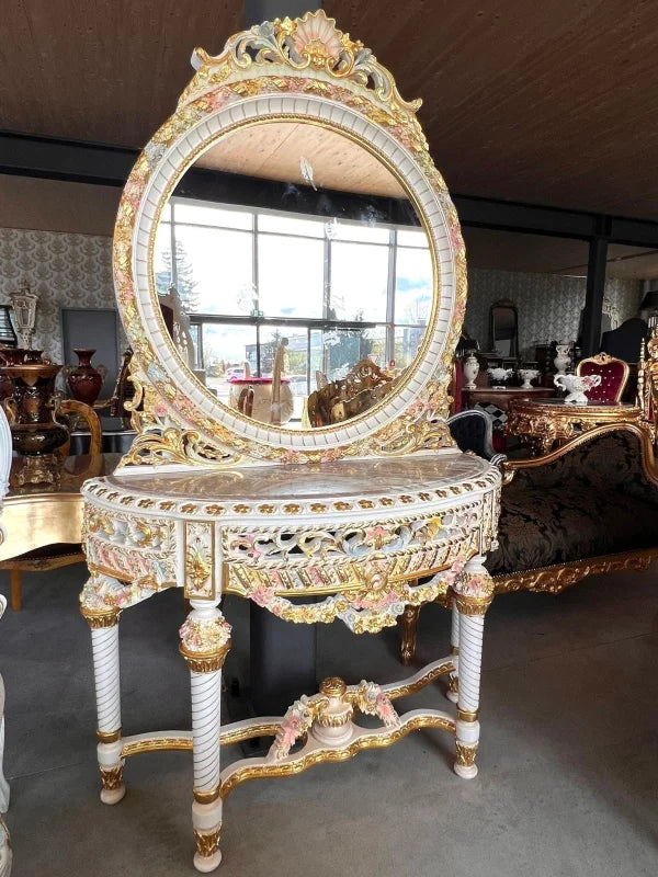 Coiffeuse style baroque miroir rond et dalle marbre capuccino