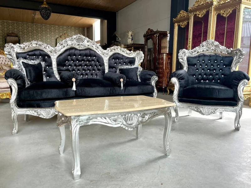 Ensemble canapé baroque + fauteuil noir argenté