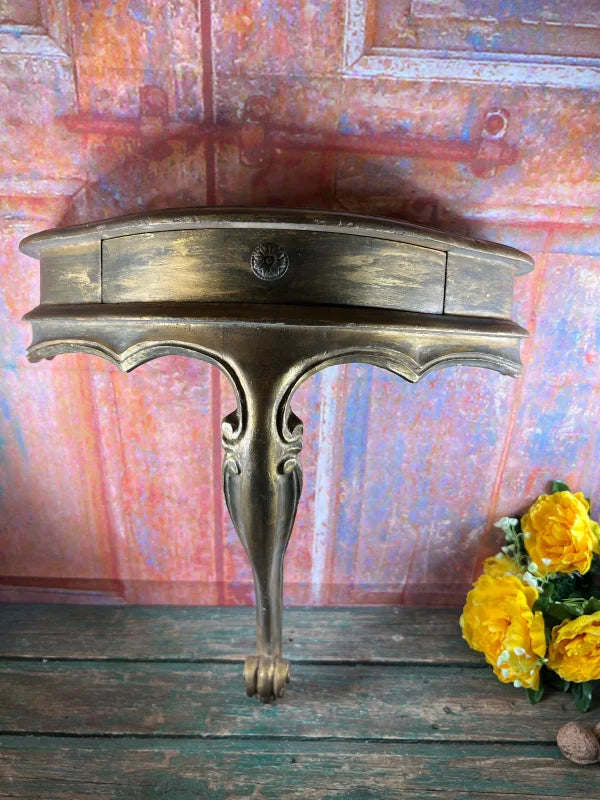Etagère murale grande console dorée avec tiroir ancien en bois
