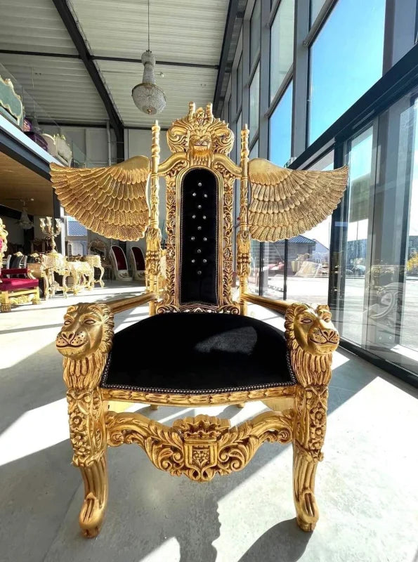 Fauteuil Baroque Noir Flamboyant et Doré - Trône Royal du Lion Volant