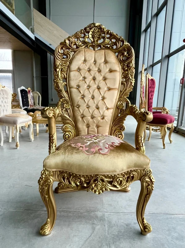 Fauteuil trône royal baroque assise rose de damas - Or