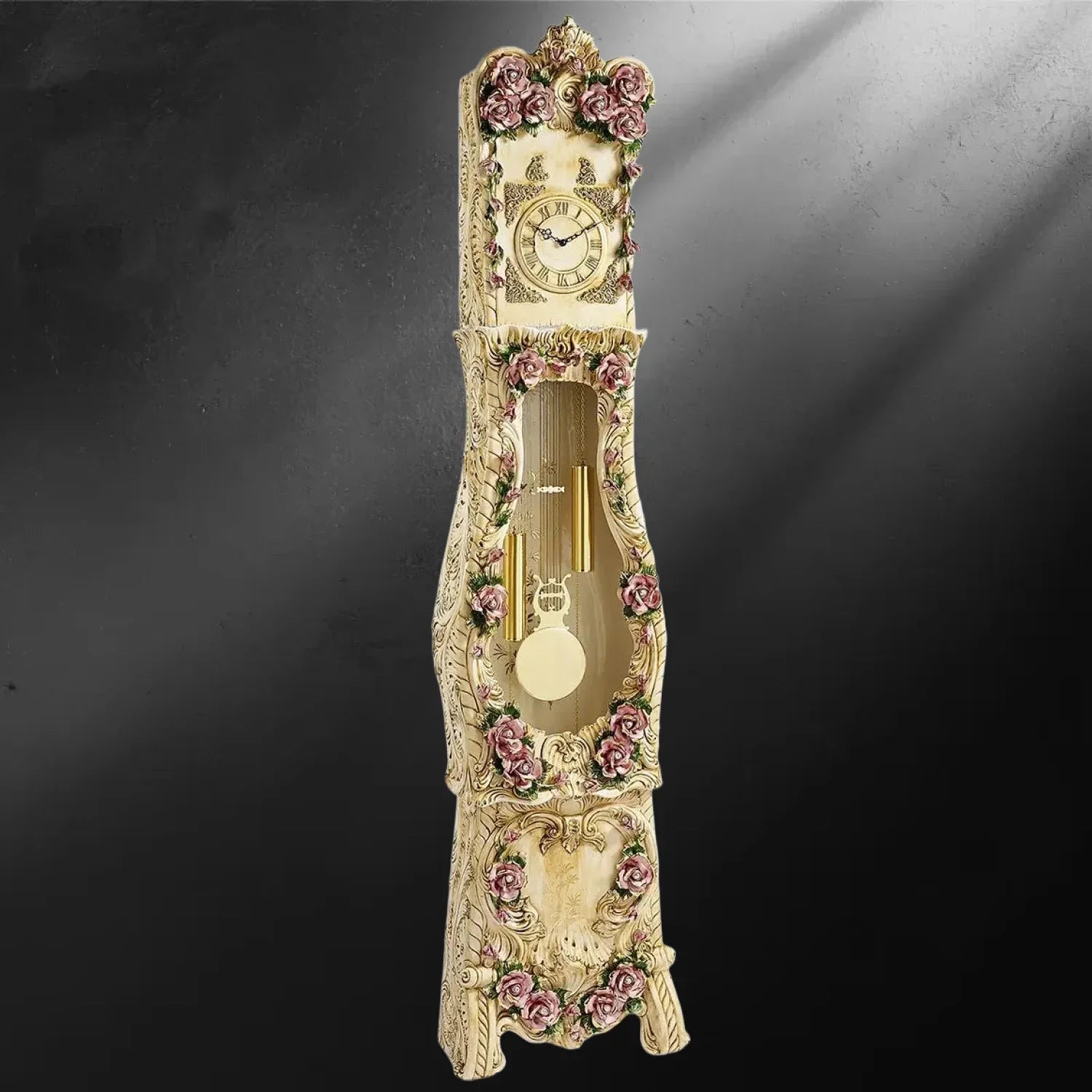 Horloge comtoise monumentale 230cm en porcelaine Capodimonte aux roses Swarovski style Rococo - Horloge comtoise XXL