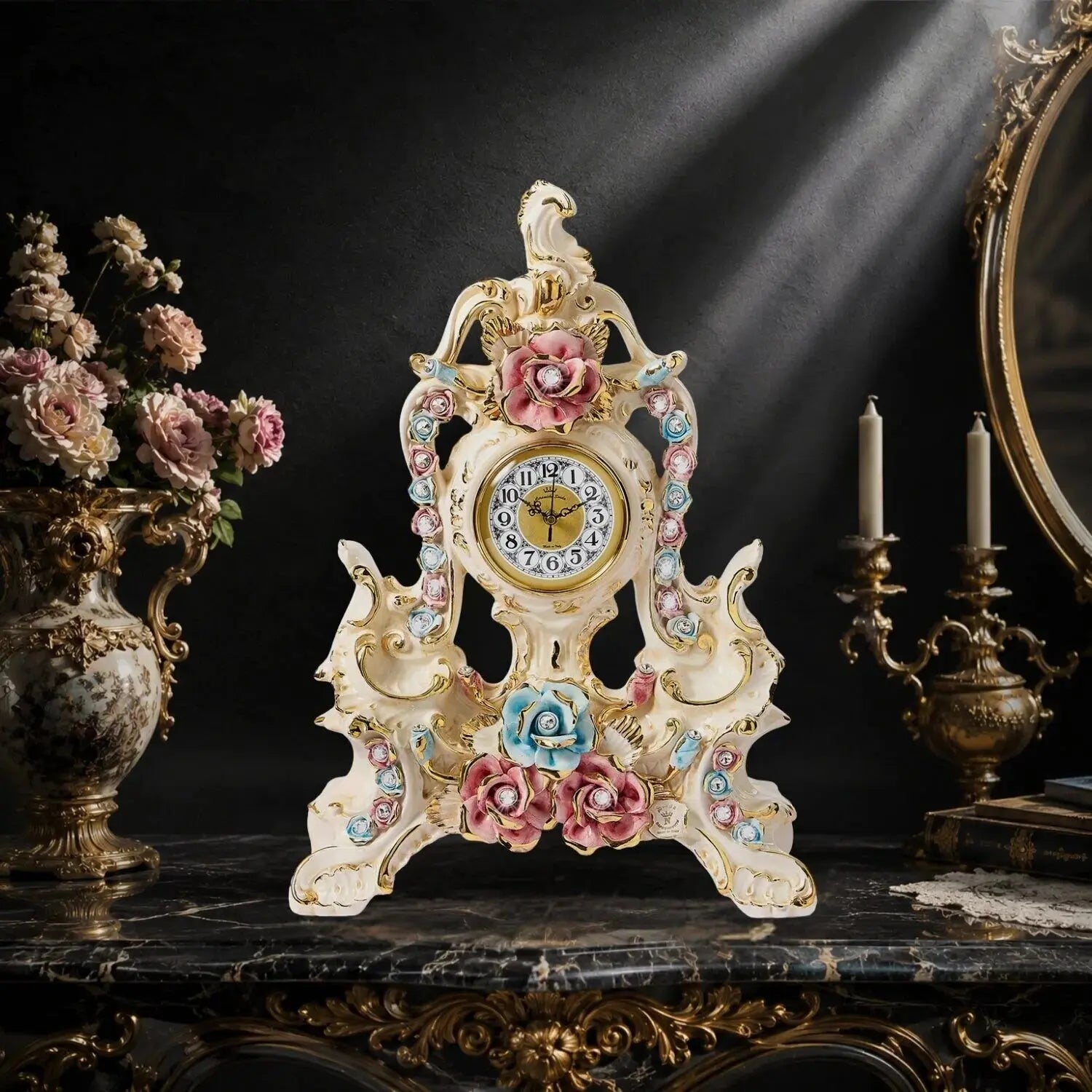 Horloge de cheminée en porcelaine Capodimonte aux cristaux de Bohême et roses bicolores rococo - Horloge de cheminée