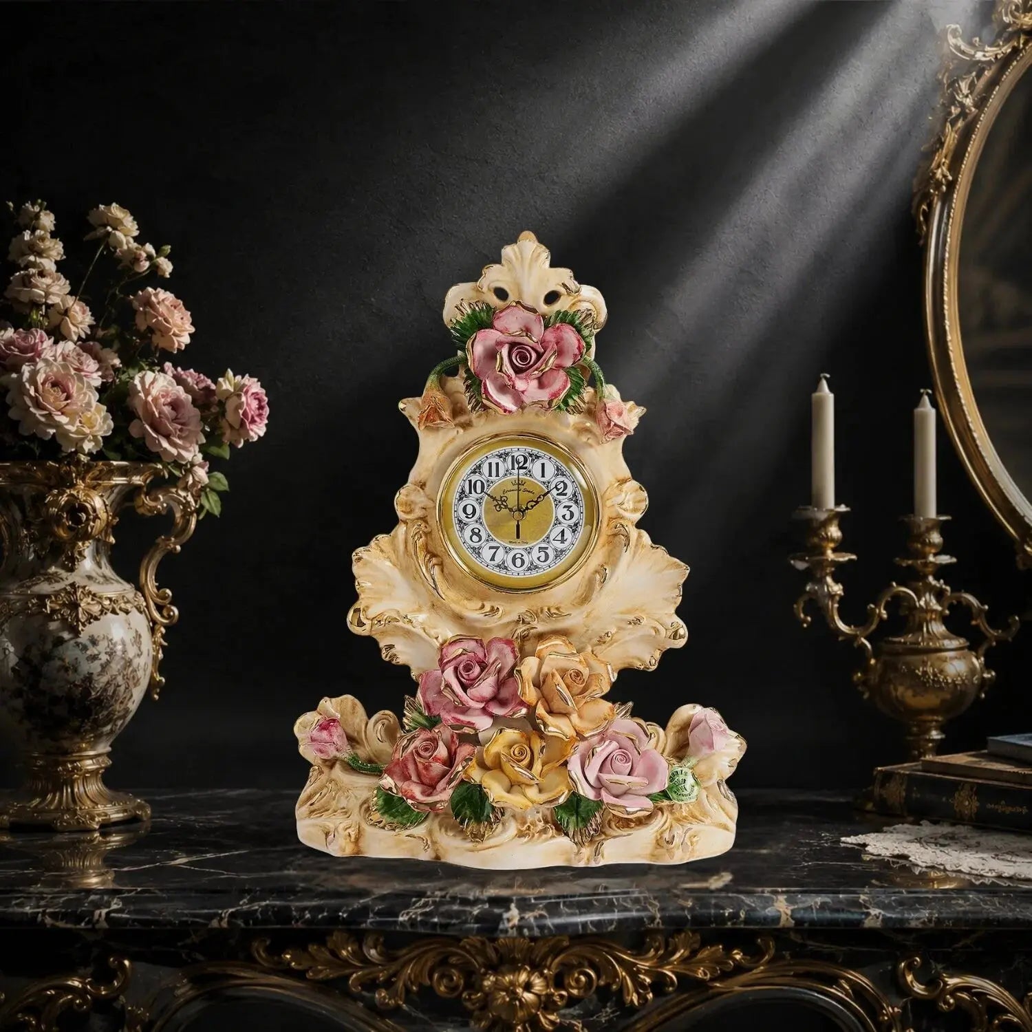 Horloge de cheminée porcelaine de Capodimonte aux roses style rococo - Horloge de cheminée porcelaine Capodimonte roses