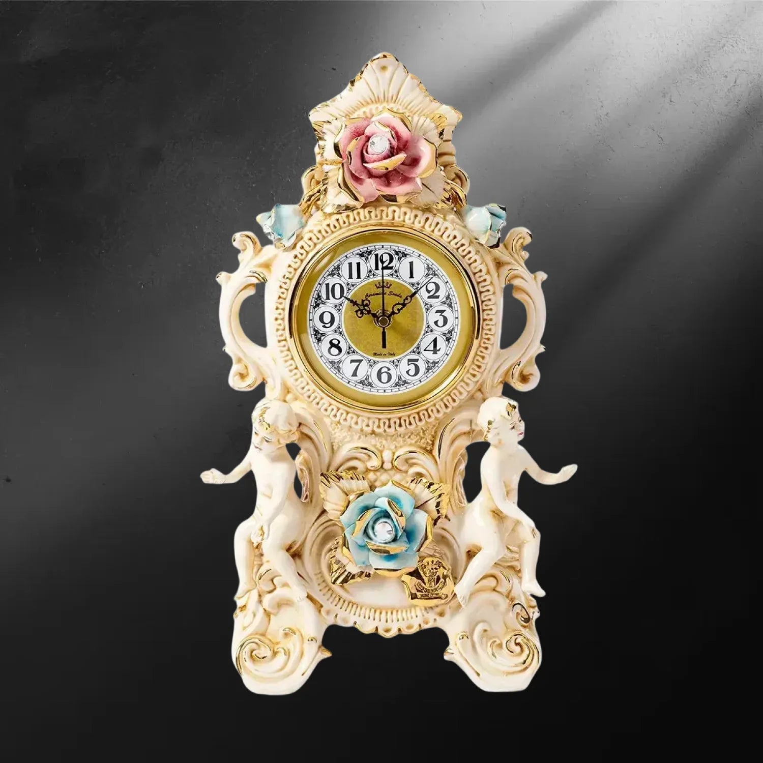 Horloge de table Capodimonte aux chérubins et roses Swarovski style baroque italien - Horloge porcelaine Capodimonte