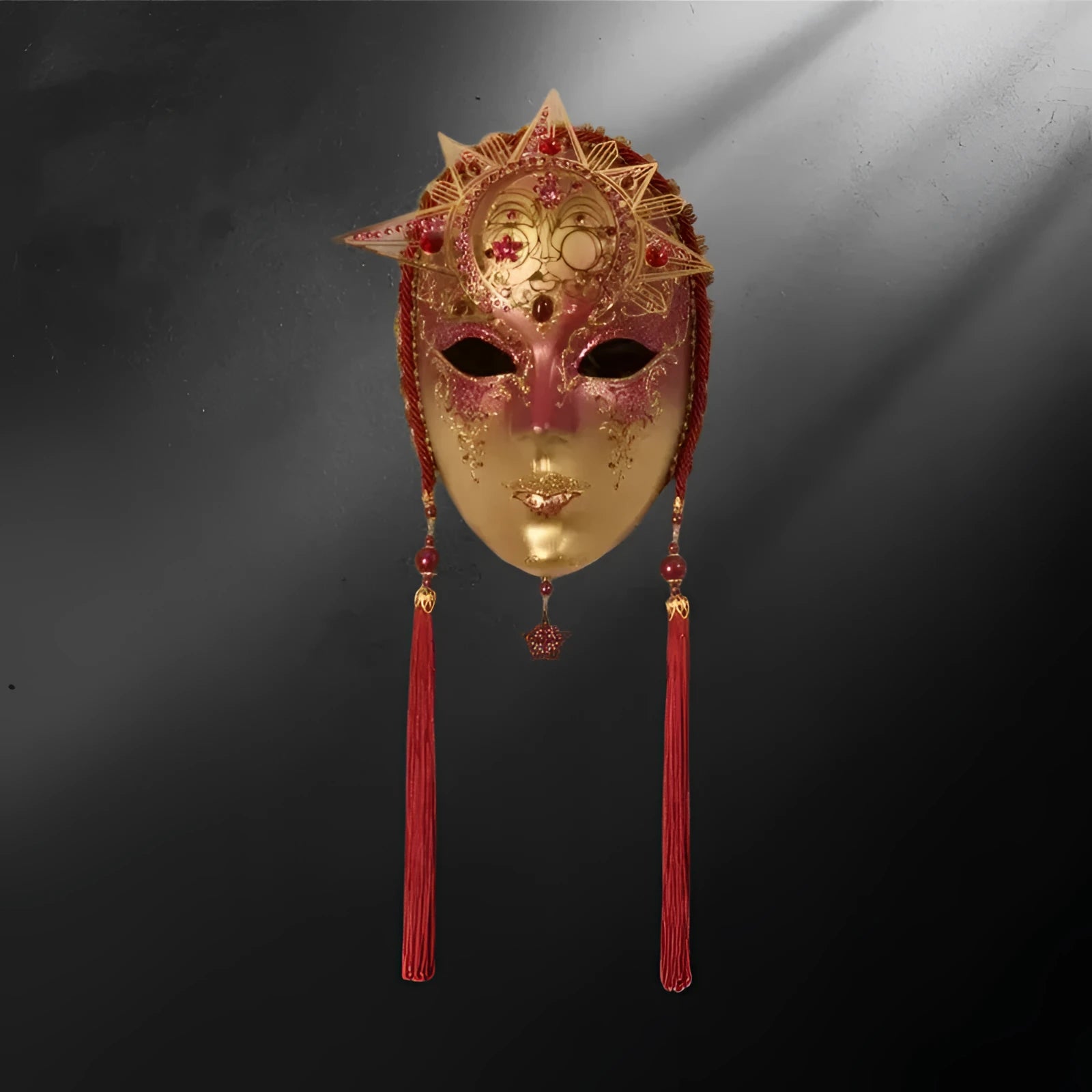 Masque vénitien Volto Sole or - Rouge carmin - Masque vénitien visage solaire – fait main Italie | à porter