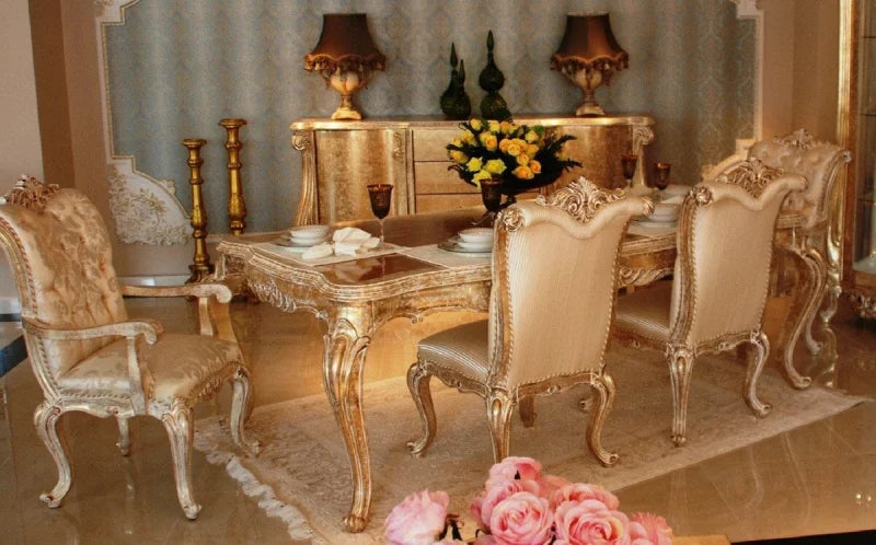 Salle à manger baroque chic - 1 table + 6 chaises couleur or