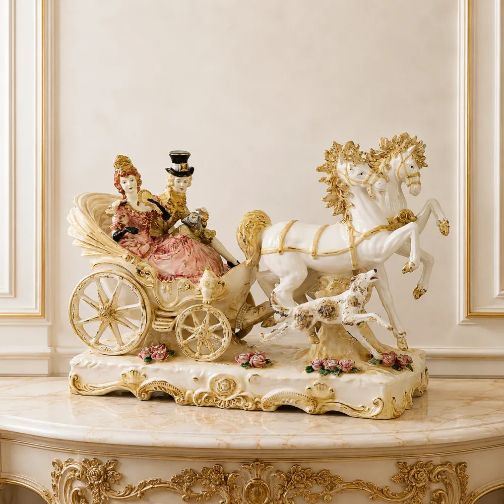 sculpture-carosse-baroque-pour-interieur-style-XVIIIe / sculpture couple aristocratique en balade pour decoration de luxe stye Louis XV