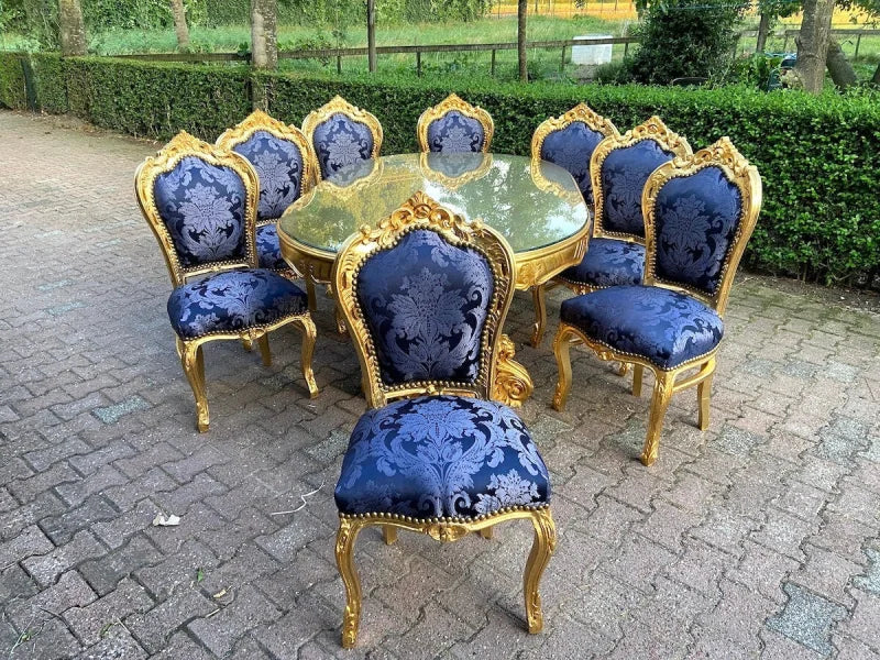 Table à manger baroque 8 chaises en damas or et bleu