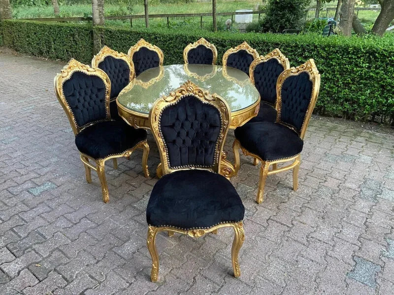 Table à manger baroque Louis XVI finition or 14k - 8 chaises en velours noir