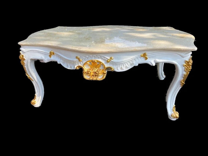 Table Basse Italienne Baroque en Laque avec Plateau Doré et Marbre