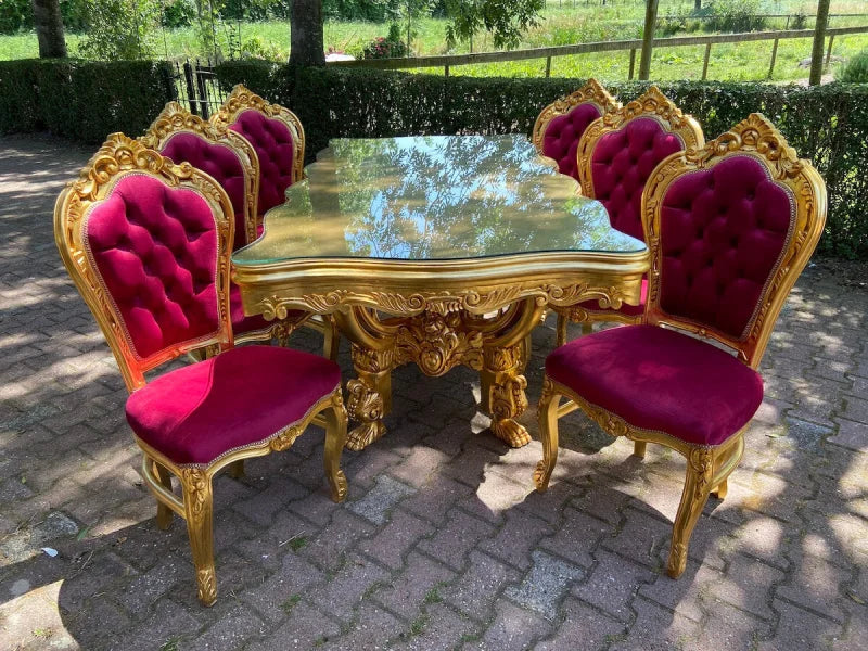Table/salle à manger baroque 6 chaises - Bourgogne rouge et or